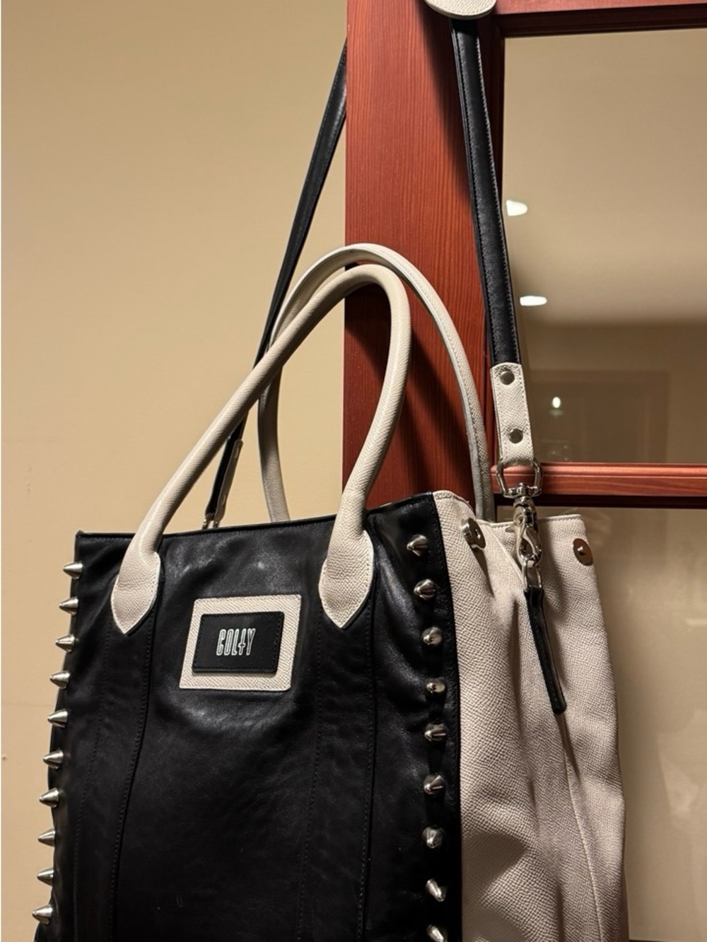 COLTY Custom Handcrafted Studded Leather Tote Crossbody Black & Ivory + Dust Bag